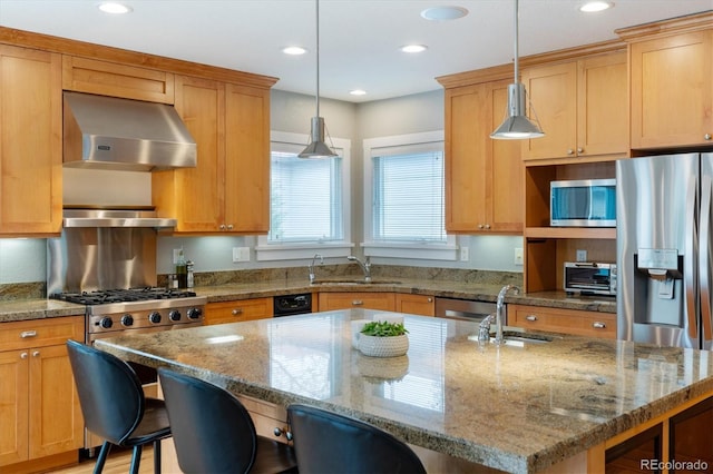 1526 S Gaylord St, Denver, CO 80210 - kitchen featuring range hood, stainless steel appliances, a sink, a kitchen breakfast bar, and recessed lighting