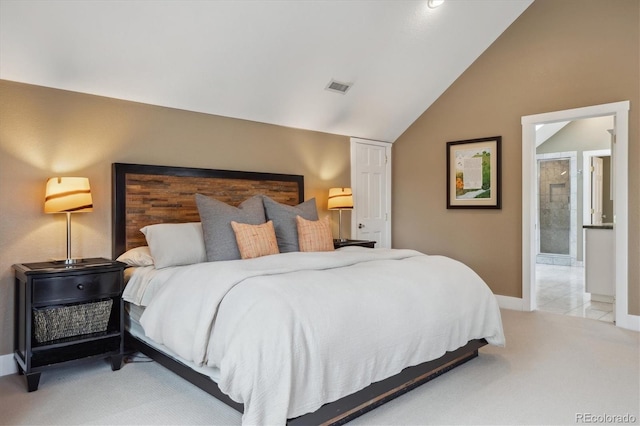 1526 S Gaylord St, Denver, CO 80210 - bedroom featuring vaulted ceiling, light carpet, baseboards, and ensuite bath
