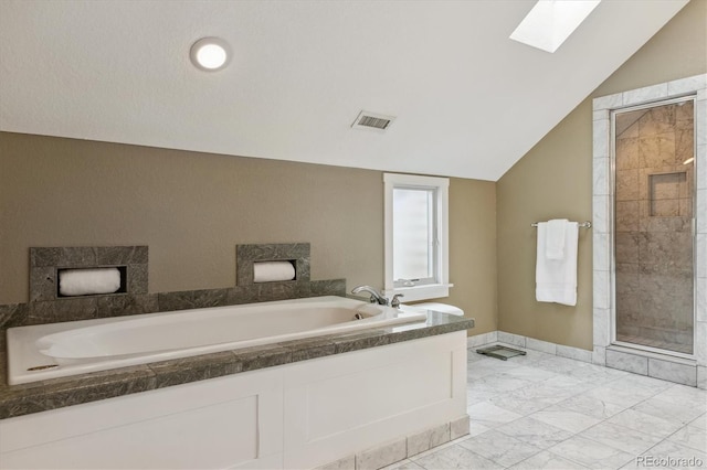 1526 S Gaylord St, Denver, CO 80210 - full bathroom with a bath, a skylight, vaulted ceiling, marble finish flooring, and a stall shower