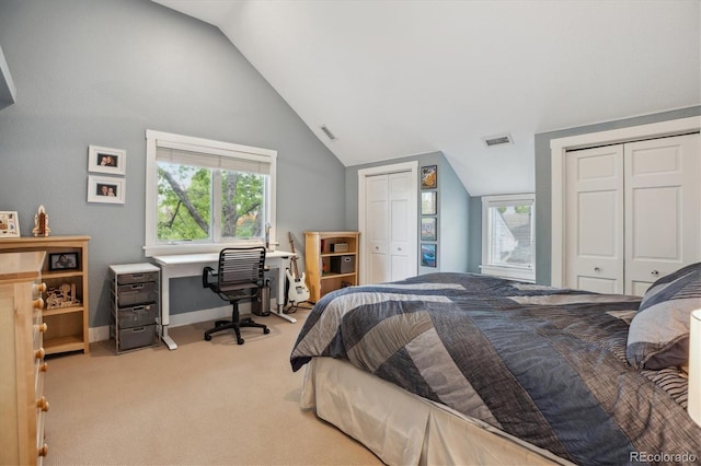 1526 S Gaylord St, Denver, CO 80210 - bedroom featuring multiple closets, light carpet, lofted ceiling, multiple windows, and baseboards