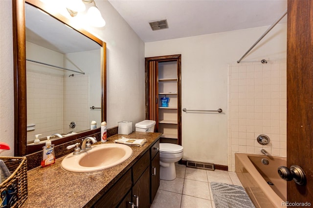 full bathroom with shower / bath combination, tile patterned floors, vanity, and toilet
