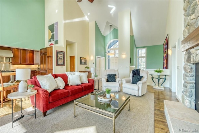 living room featuring a towering ceiling, a fireplace, and light hardwood / wood-style floors