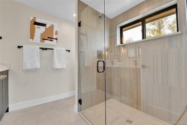 2164 S Ash St, Denver, CO 80222 - bathroom with a shower stall, baseboards, and recessed lighting