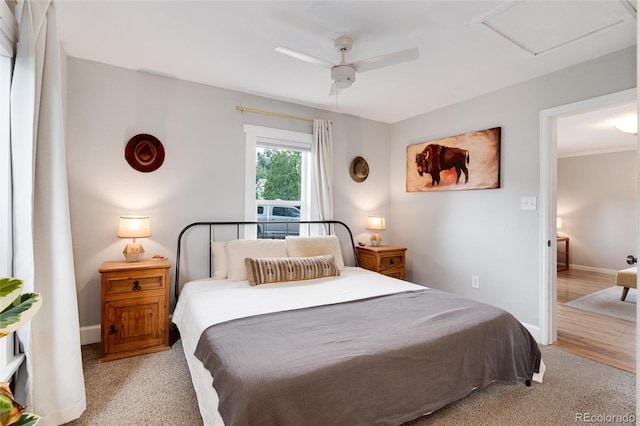 3175 S Pennsylvania St, Englewood, CO 80113 - bedroom featuring attic access, baseboards, light carpet, and a ceiling fan