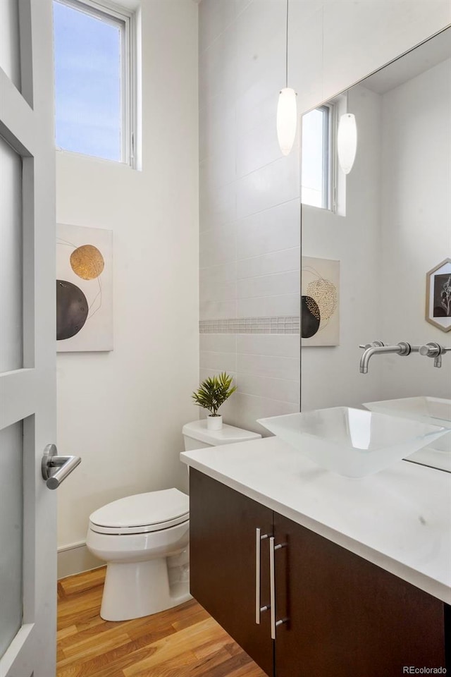 half bathroom with wood finished floors, vanity, toilet, and a healthy amount of sunlight