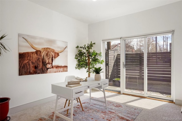 carpeted home office with baseboards