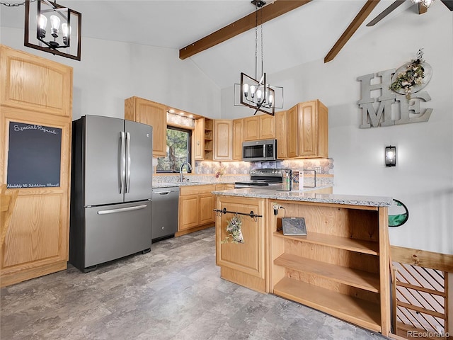 kitchen with a sink, open shelves, light brown cabinets, and stainless steel appliances