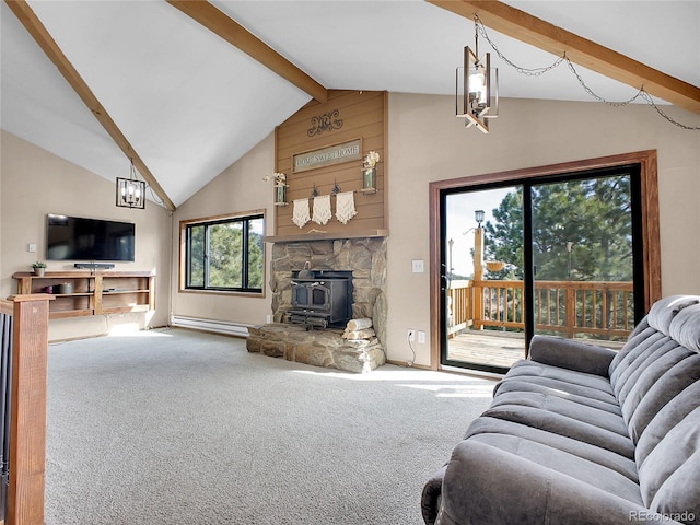 carpeted living room featuring a baseboard heating unit, beam ceiling, a wood stove, and high vaulted ceiling