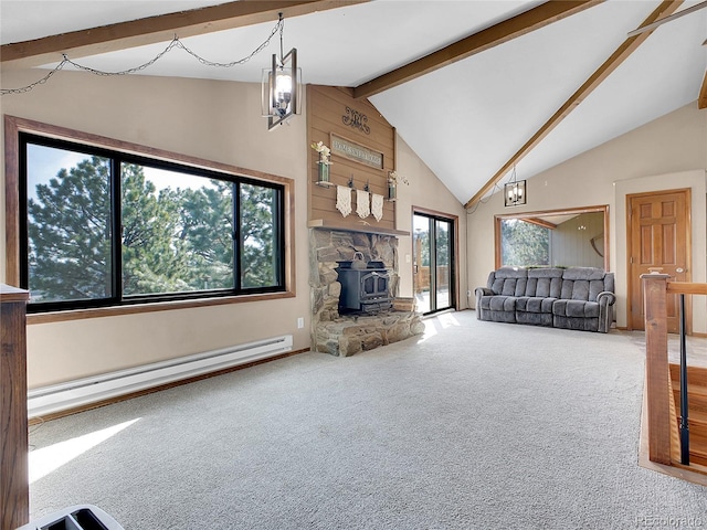 unfurnished living room with carpet floors, high vaulted ceiling, a wood stove, beamed ceiling, and baseboard heating