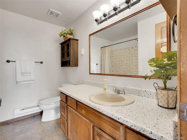 bathroom with vanity, a shower with curtain, visible vents, a baseboard radiator, and toilet