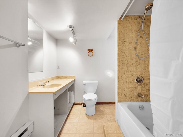 full bath with vanity, baseboards,  shower combination, a baseboard heating unit, and toilet