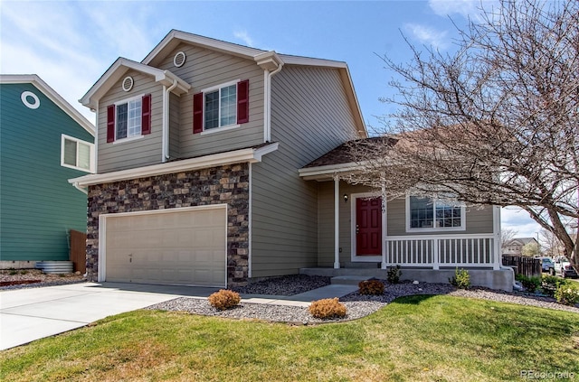 5549 Helena St, Denver, CO 80239 - view of front of house featuring a garage, concrete driveway, a front yard, stone siding, and a porch