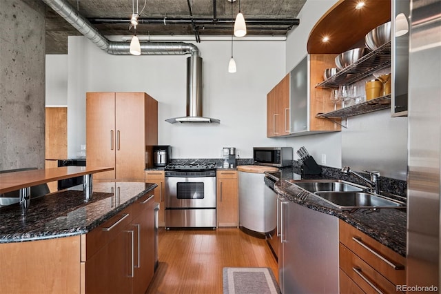 1401 Wewatta St Unit 911, Denver, CO 80202 - kitchen with stainless steel appliances, open shelves, light wood-type flooring, dark stone countertops, and a high ceiling