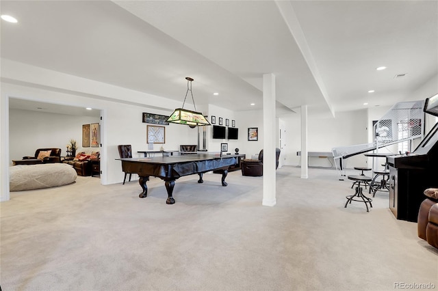 rec room with light colored carpet and billiards