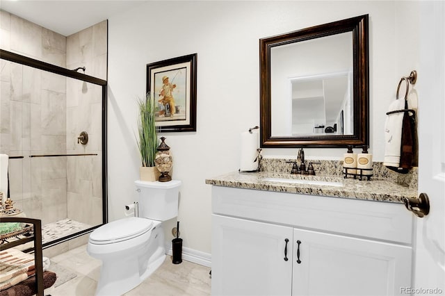 bathroom with walk in shower, vanity, and toilet