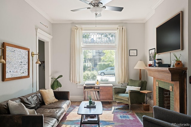 2445 N Franklin St, Denver, CO 80205 - living area featuring a fireplace with flush hearth, crown molding, ceiling fan, and wood finished floors