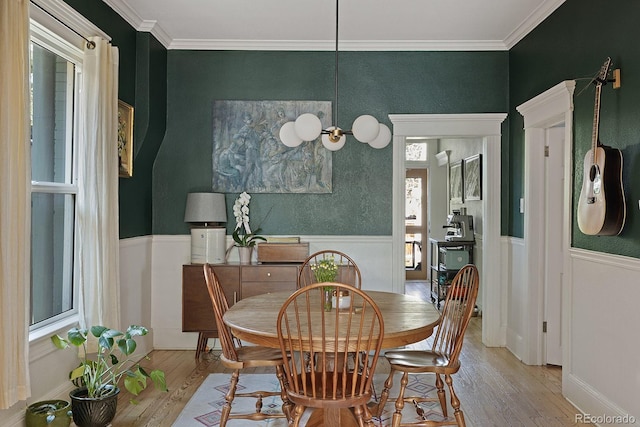 2445 N Franklin St, Denver, CO 80205 - dining area with wood finished floors, a wainscoted wall, and ornamental molding