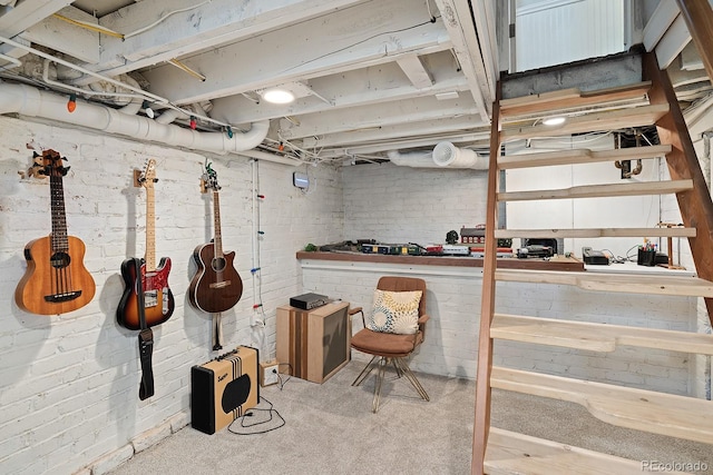 2445 N Franklin St, Denver, CO 80205 - unfinished basement featuring brick wall and carpet