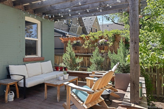 2445 N Franklin St, Denver, CO 80205 - wooden deck featuring an outdoor living space and a pergola
