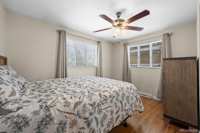 bedroom with wood-type flooring and ceiling fan