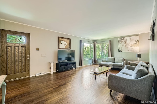 8600 W 2nd Ave, Lakewood, CO 80226 - living room featuring wood finished floors, baseboards, ornamental molding, and wooden walls