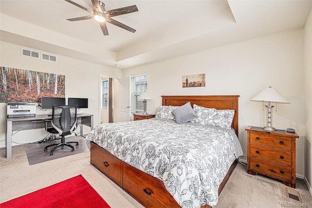 26385 E Canal Pl, Aurora, CO 80018 - carpeted bedroom with a raised ceiling, a desk, baseboards, and a ceiling fan