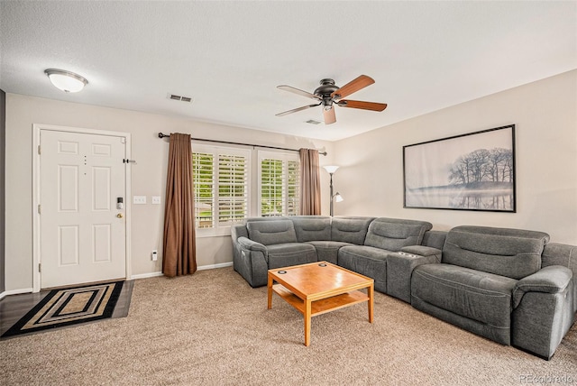 19481 E 50th Pl, Denver, CO 80249 - living room with a ceiling fan, carpet, and baseboards