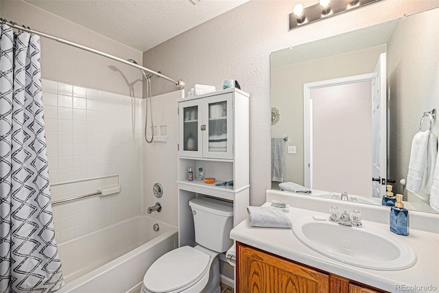 19481 E 50th Pl, Denver, CO 80249 - bathroom featuring toilet, shower / bath combination with curtain, vanity, a textured wall, and a textured ceiling