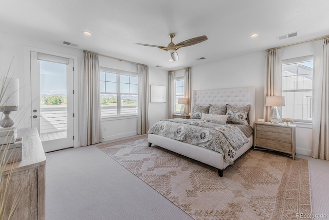 2141 Fountain Cir, Erie, CO 80516 - bedroom with carpet floors, access to outside, baseboards, a ceiling fan, and recessed lighting