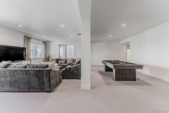 2141 Fountain Cir, Erie, CO 80516 - living room featuring recessed lighting, pool table, baseboards, and light colored carpet