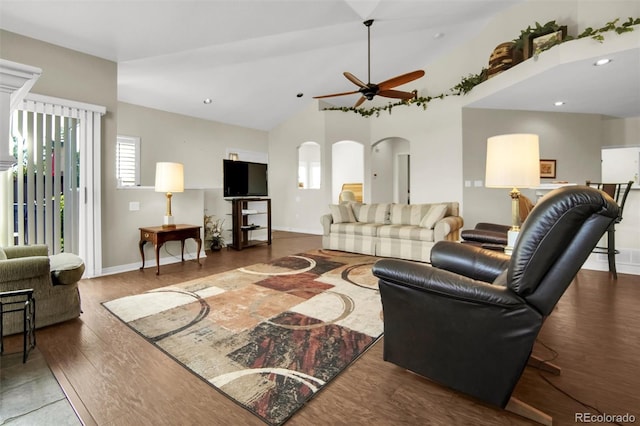 3325 W 111th Loop Unit C, Westminster, CO 80031 - living room featuring arched walkways, wood finished floors, a ceiling fan, high vaulted ceiling, and recessed lighting