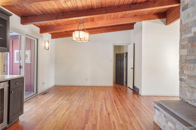 unfurnished dining area featuring wine cooler, wooden ceiling, light hardwood / wood-style flooring, and lofted ceiling with beams