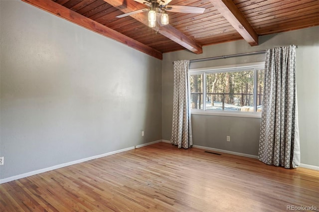 unfurnished room with beam ceiling, light wood-type flooring, ceiling fan, and wooden ceiling