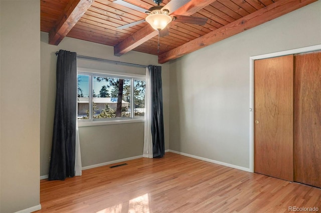 interior space with ceiling fan, beamed ceiling, wooden ceiling, and light wood-type flooring