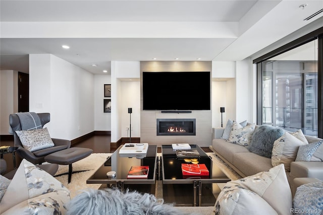 living room featuring dark wood-type flooring