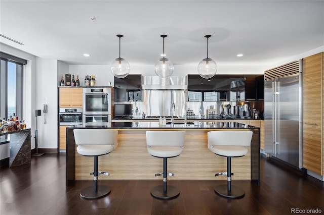 kitchen featuring stainless steel appliances, decorative light fixtures, and dark hardwood / wood-style flooring