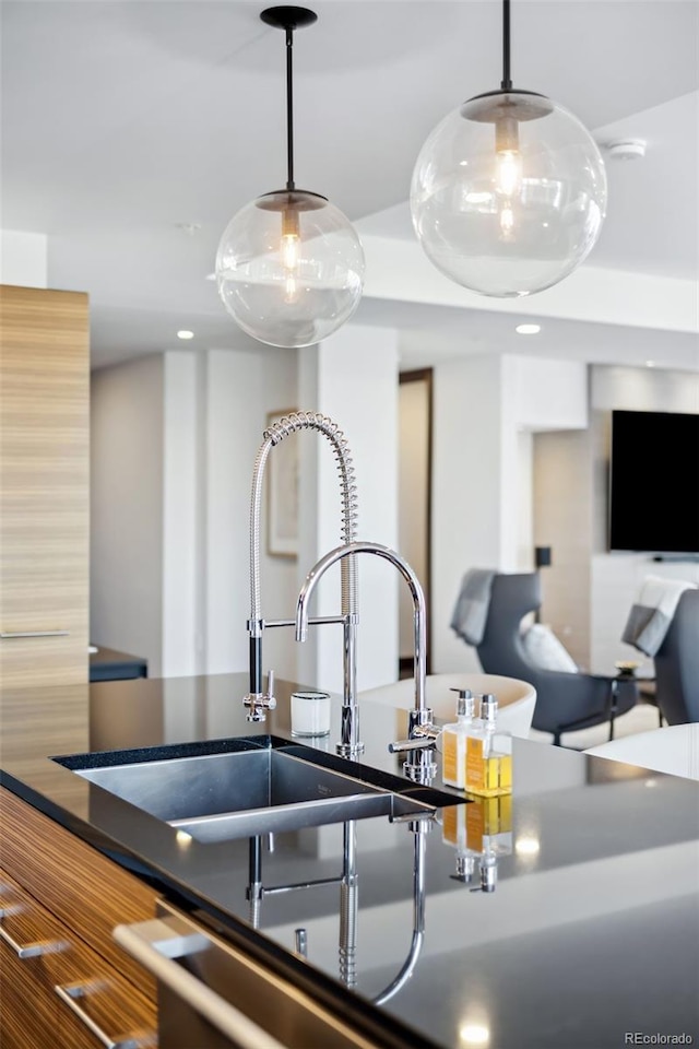 details featuring hanging light fixtures and sink