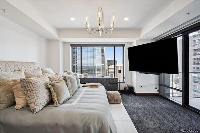 tiled bedroom with an inviting chandelier and access to exterior