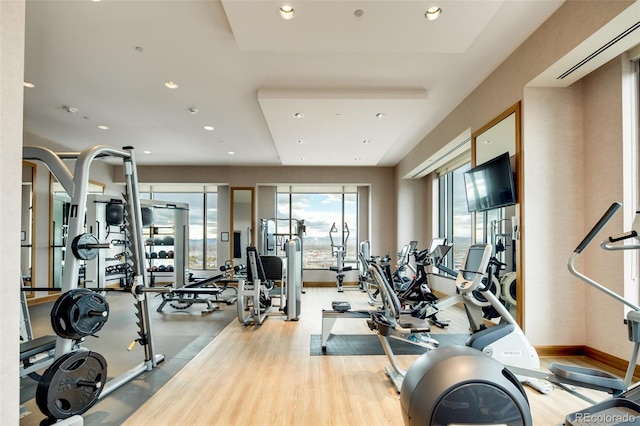 workout area featuring light wood-type flooring