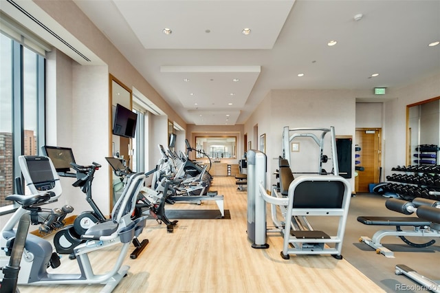 exercise room featuring light hardwood / wood-style floors