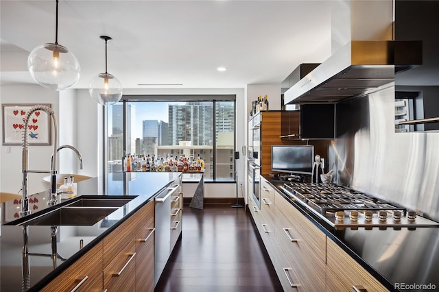 kitchen with appliances with stainless steel finishes, hanging light fixtures, dark hardwood / wood-style floors, wall chimney range hood, and sink