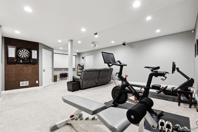 workout room with light carpet