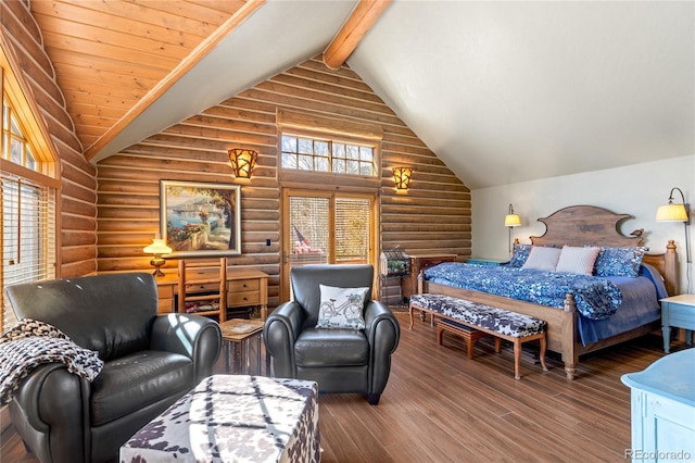 105 Windflower Ln, Frisco, CO 80443 - bedroom with log walls, wood finished floors, high vaulted ceiling, and beamed ceiling