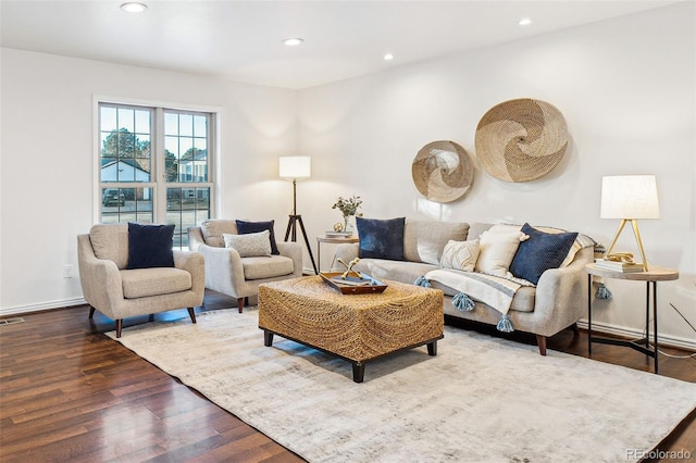 living room featuring dark wood-type flooring