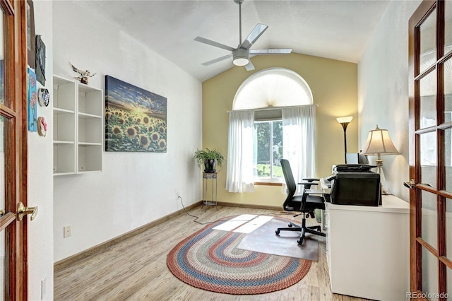 1313 Iris Cir, Broomfield, CO 80020 - office with ceiling fan, vaulted ceiling, and wood finished floors