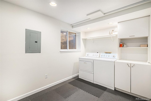 laundry room featuring recessed lighting, baseboards, cabinet space, electric panel, and washer and clothes dryer