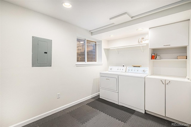 laundry room with recessed lighting, washer and clothes dryer, baseboards, and electric panel