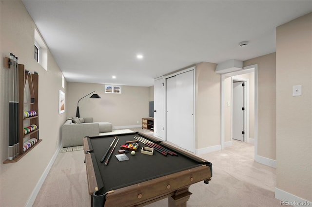 rec room with recessed lighting, light carpet, baseboards, and pool table