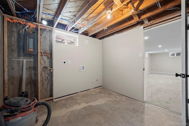 unfinished basement featuring electric panel and visible vents