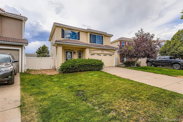 5535 Flanders Way, Denver, CO 80249 - mediterranean / spanish house with concrete driveway, a garage, stucco siding, and a tiled roof